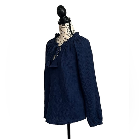 Just Living Navy Cotton Gauze Peasant Blouse M Boho Forest Fairy Coastal Slub - Picture 3 of 9